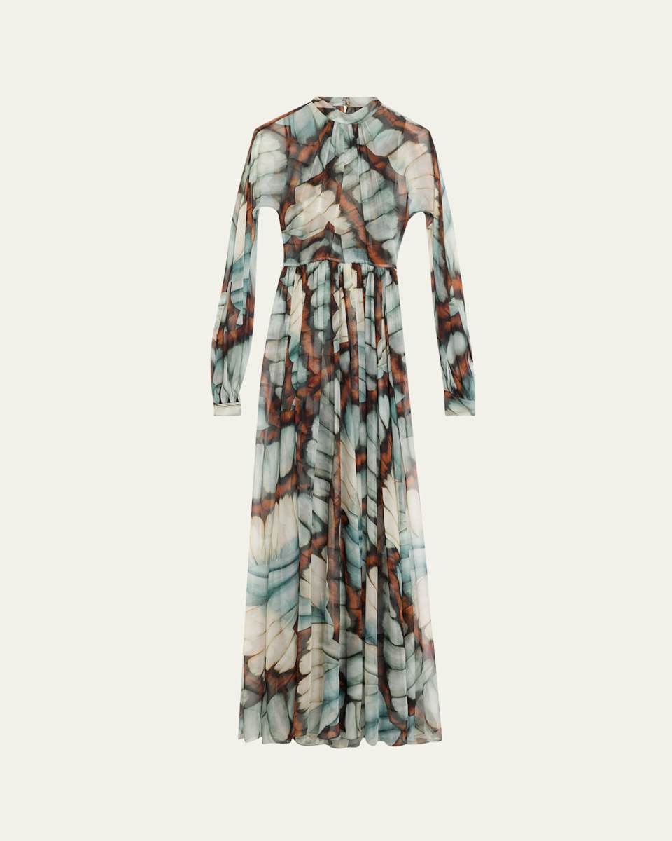 Butterfly Chiffon Long-Sleeve Maxi Dress